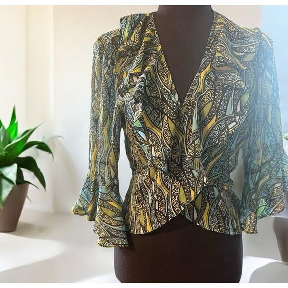 Bisou Bisou Spring Adriana Print Wrap Tie Front Top Bell Sleeves Blouse Sz M - Picture 1 of 4